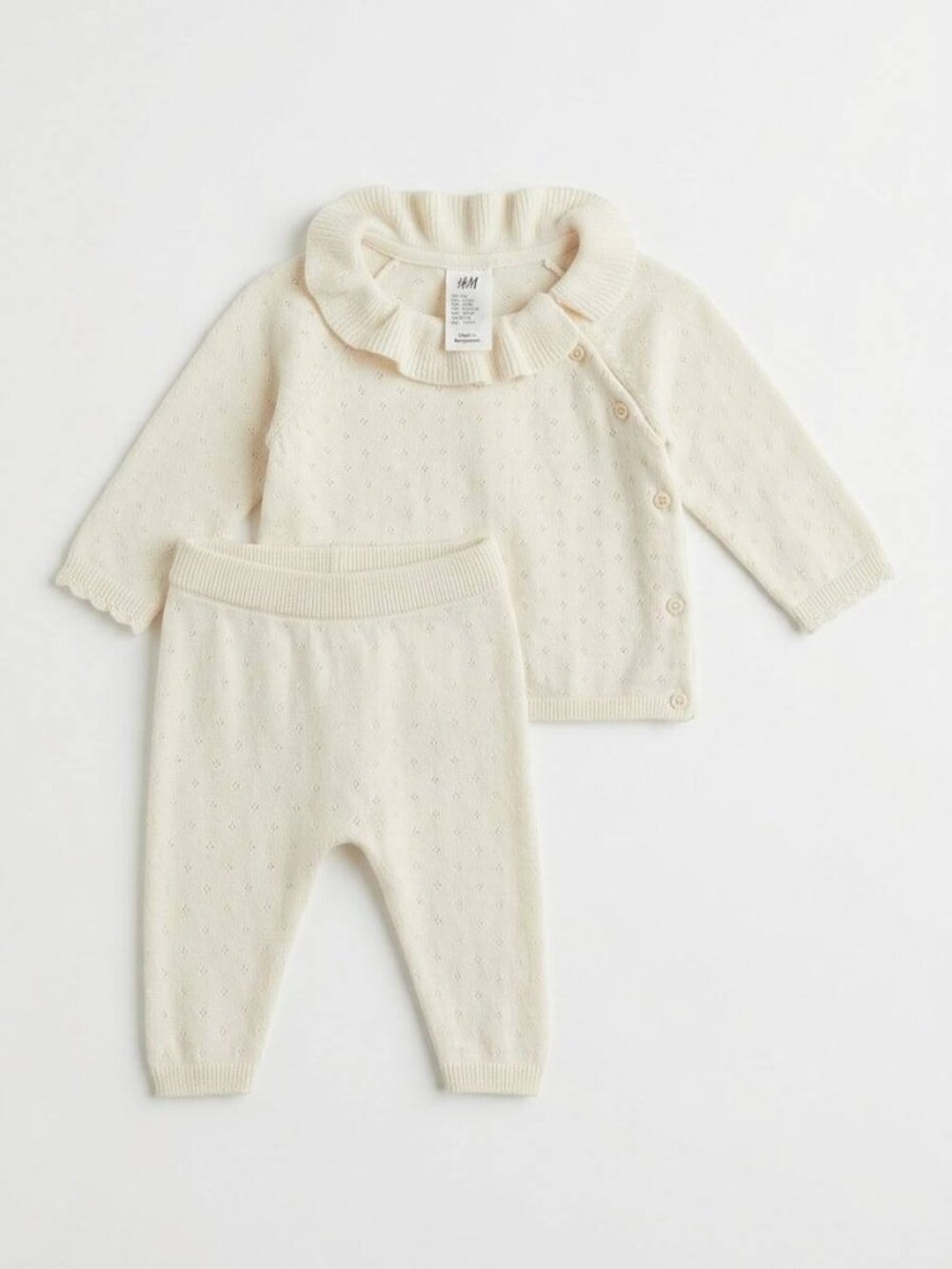 H&M Baby Girl 0-3M 2pc Pointelle Knit Set Ivory Ruffle Collar Top Leggings